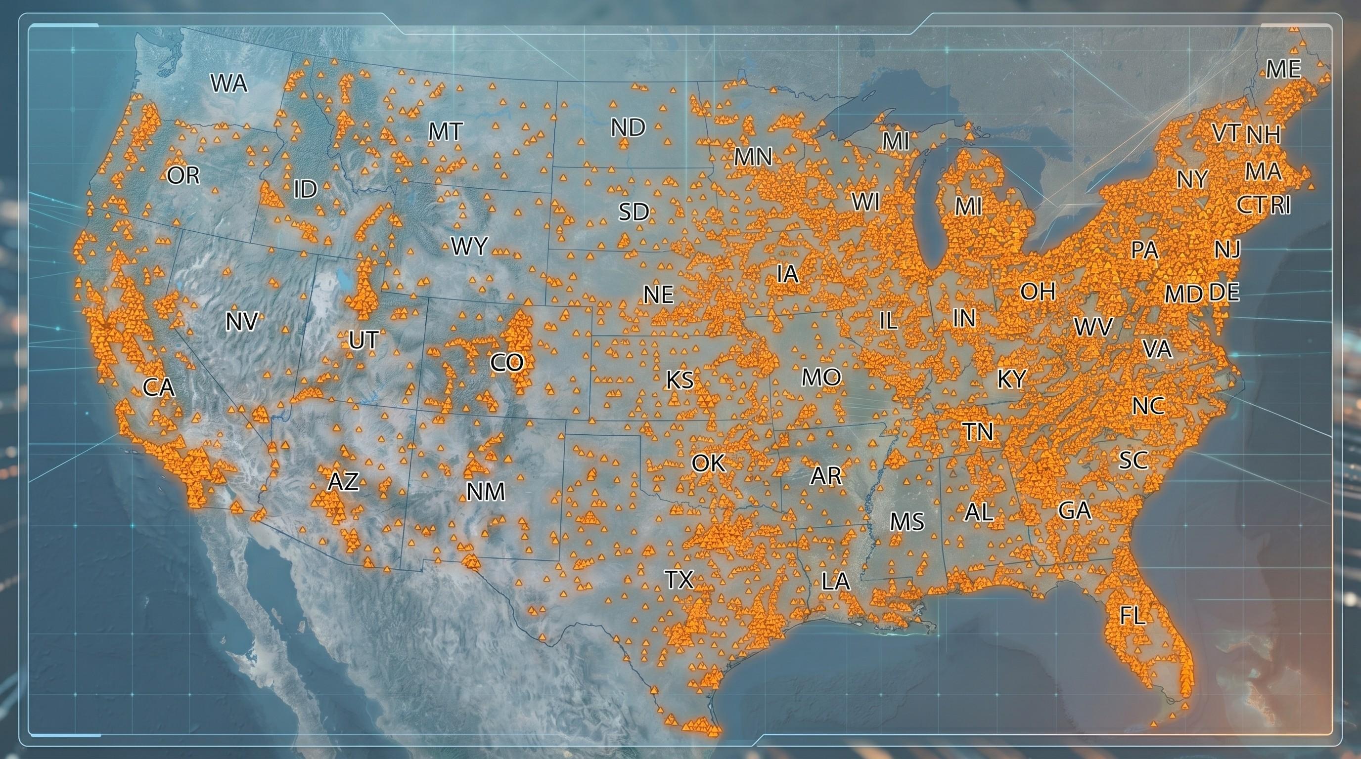 Dark sophisticated GIS mapping interface with glowing data clusters across a United States geographic visualization at night